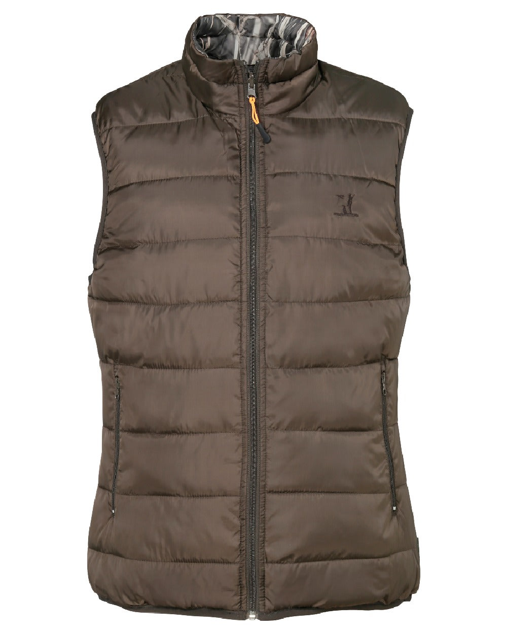 Brown Ghost Wet Camo coloured Percussion Reversible Quilted Hunting Gilet on white background 