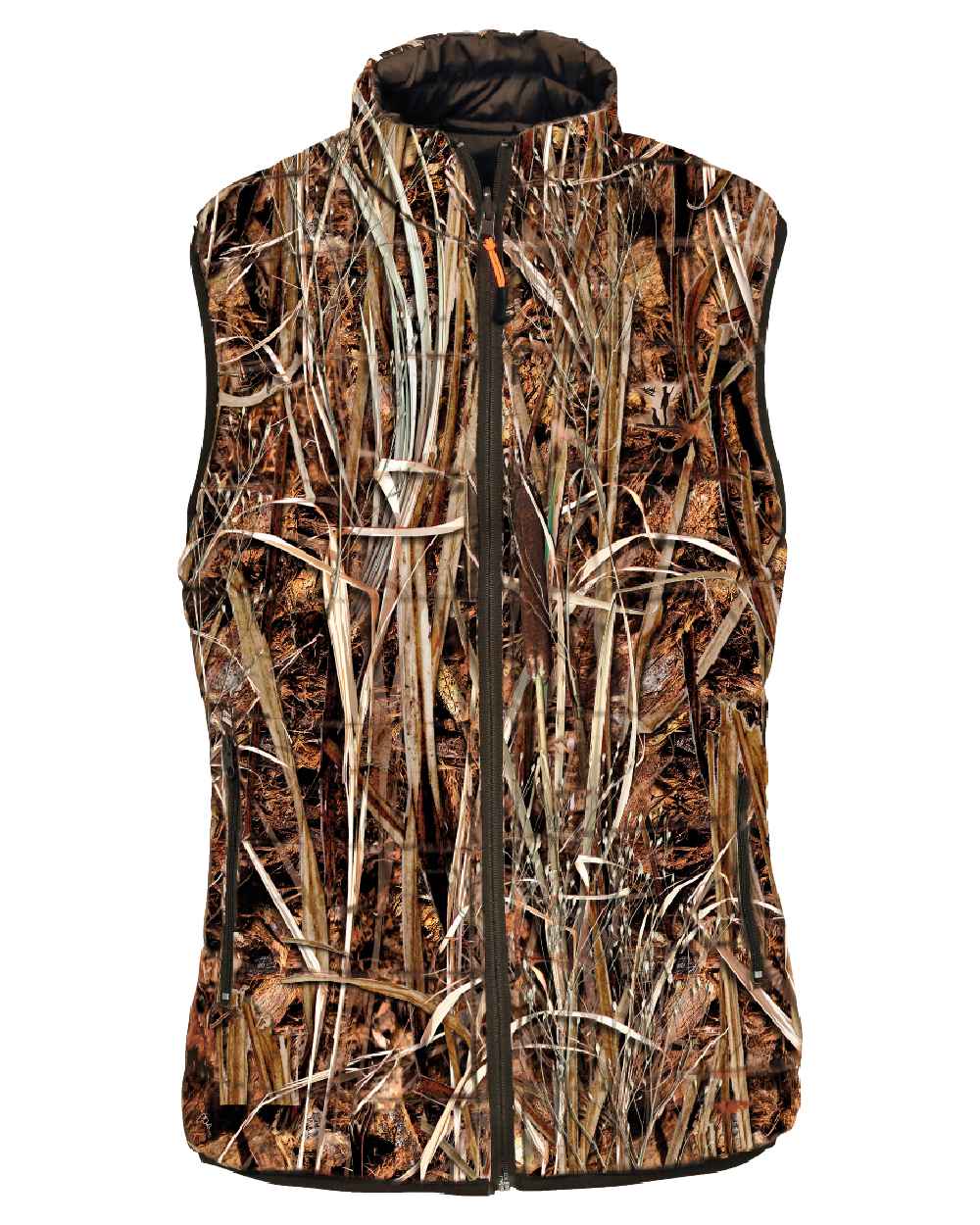 Brown Ghost Wet Camo coloured Percussion Reversible Quilted Hunting Gilet on white background 