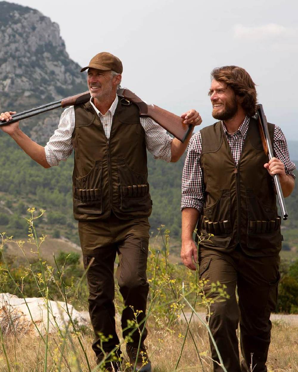 Khaki coloured Percussion Savane Trousers on mountain background 