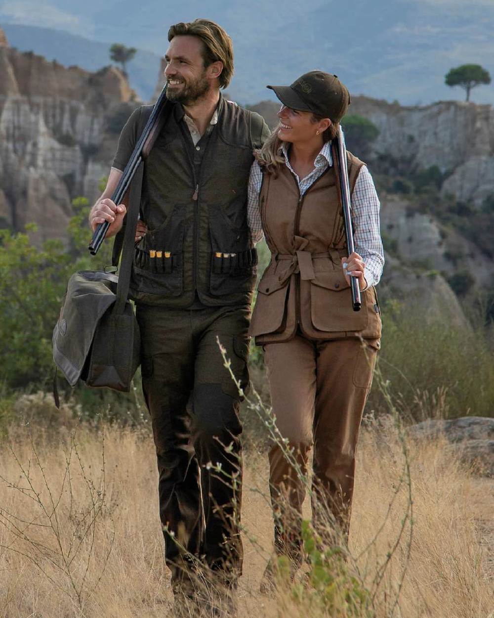 Khaki coloured Percussion Savane Trousers on mountain background 