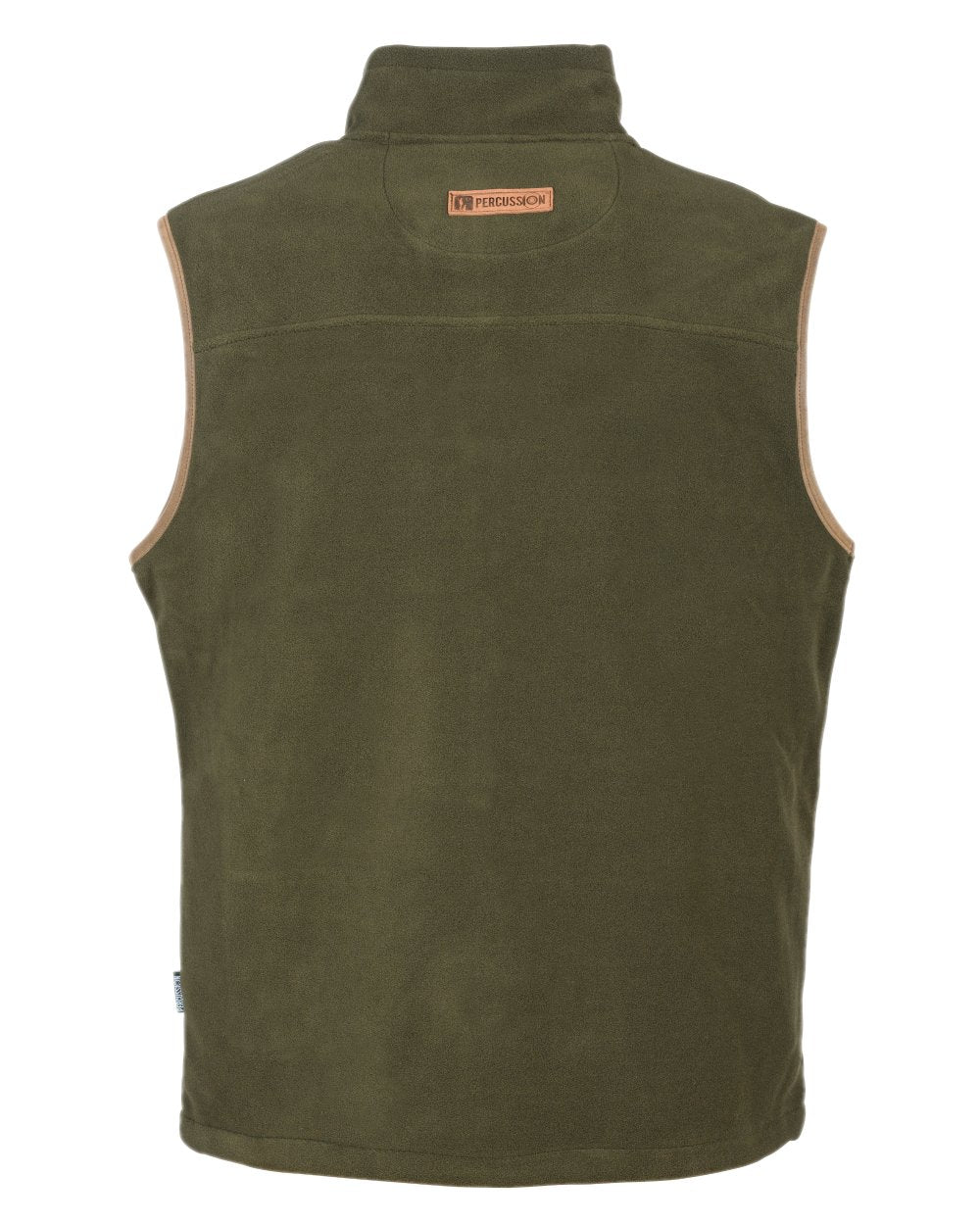 Khaki coloured Percussion Scotland Fleece Gilet on white background 