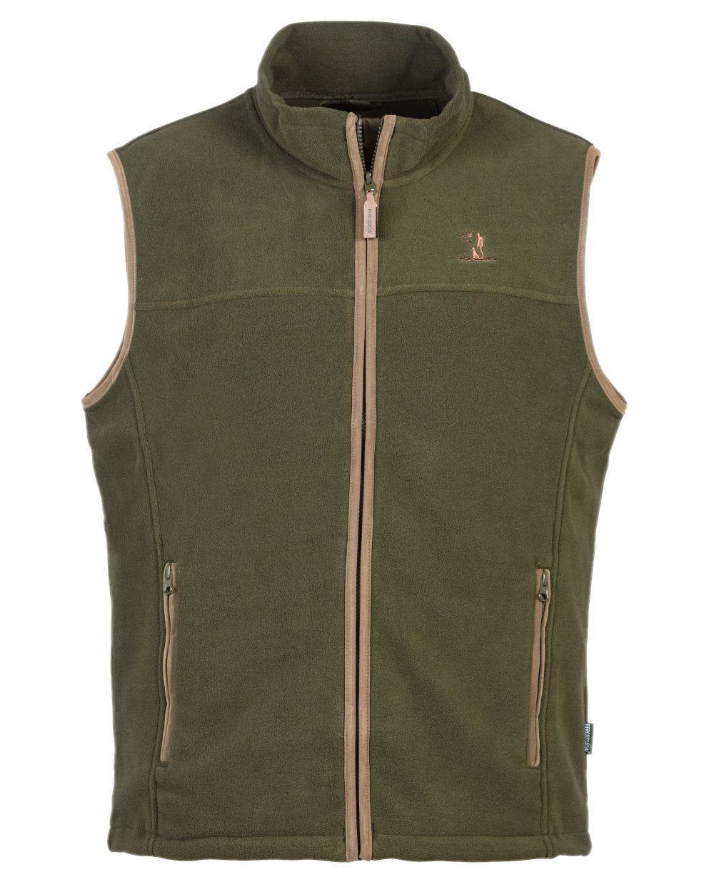 Khaki coloured Percussion Scotland Fleece Gilet on white background 