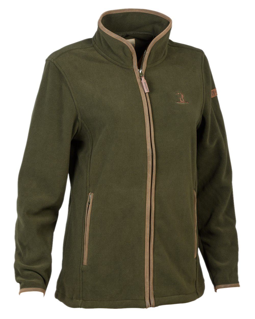 Khaki coloured Percussion Scotland Ladies Fleece Jacket on white background 