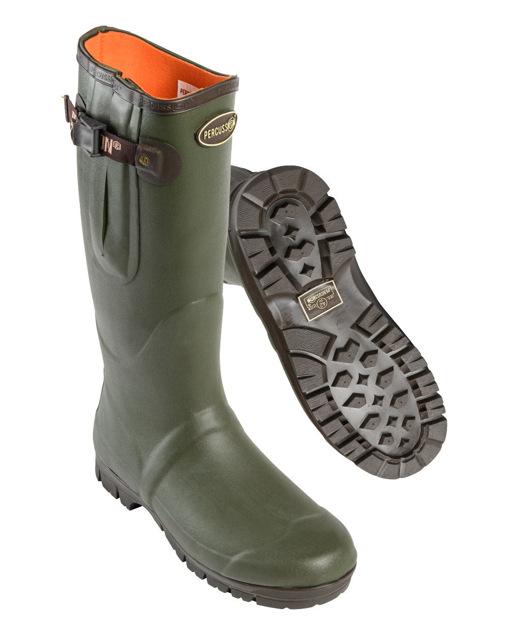 Khaki coloured Percussion Sologne Neoprene Wellington Boots on white background 