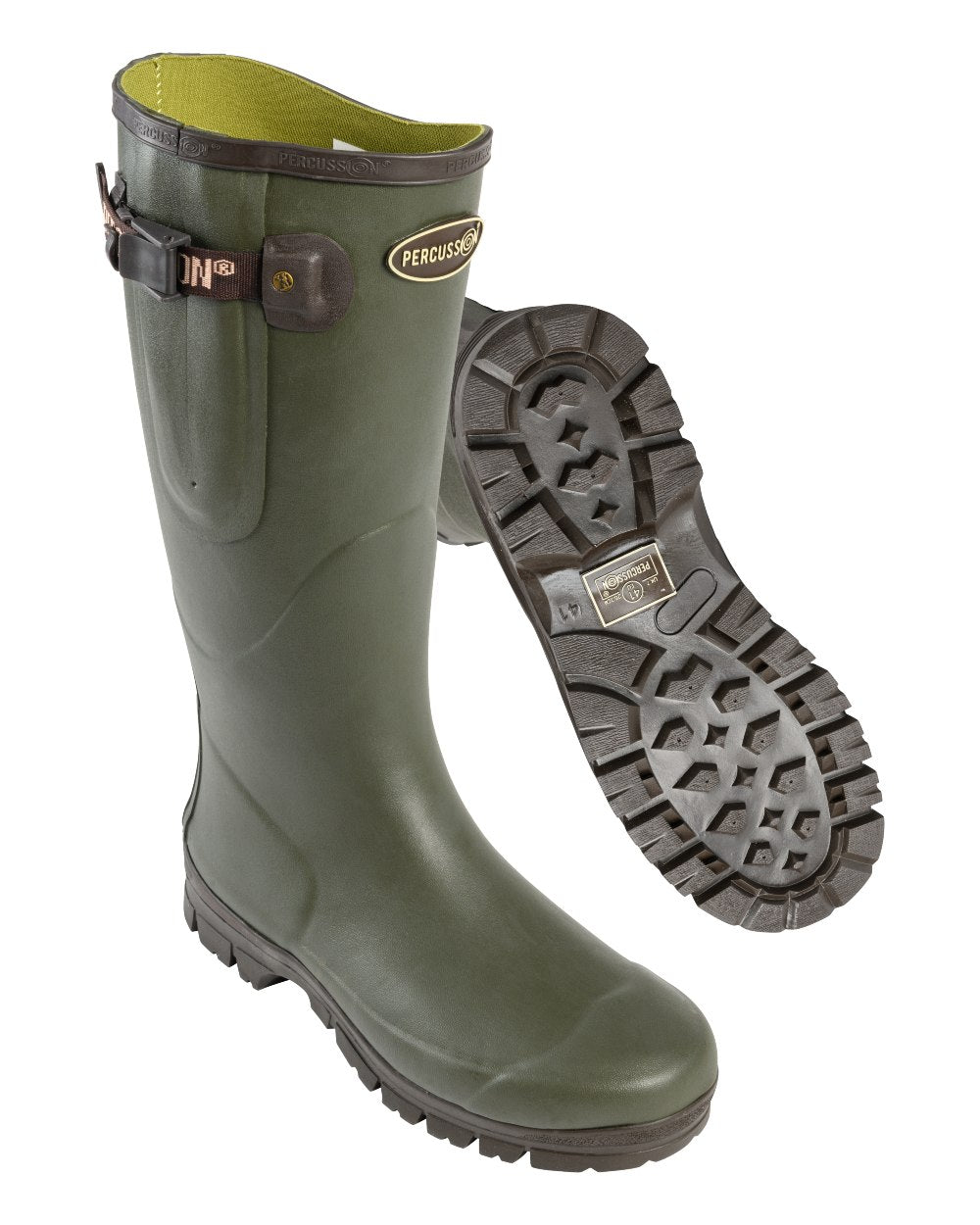 Green coloured Percussion Tradition Wellington Boots on white background 
