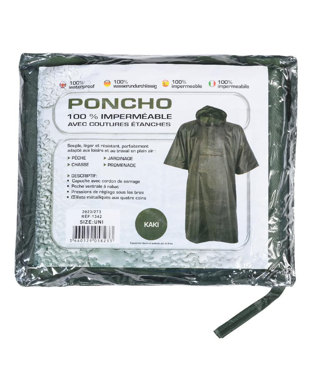Khaki coloured Percussion Waterproof Poncho on white background 