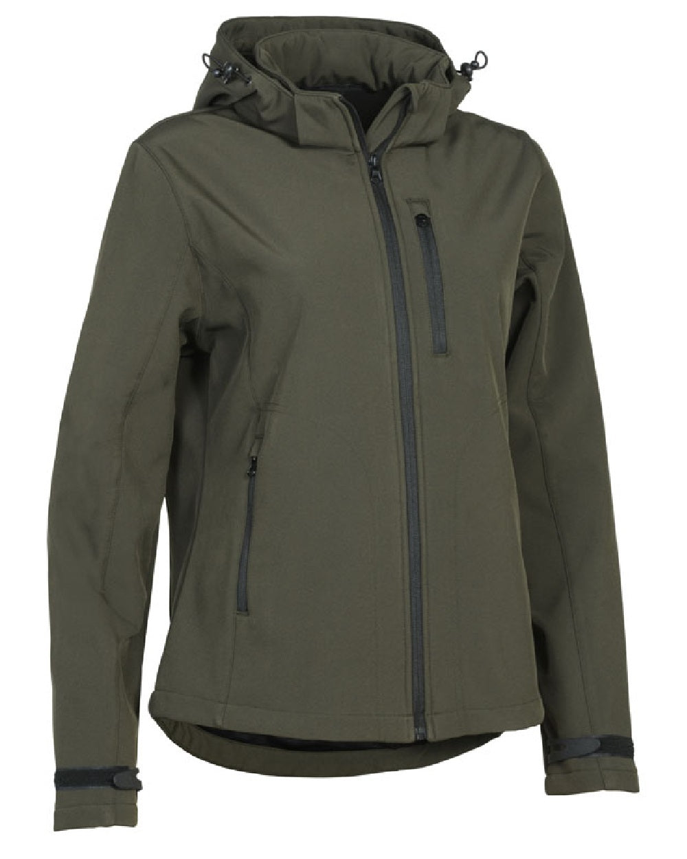 Khaki coloured Percussion Womens Softshell Jacket on white background 