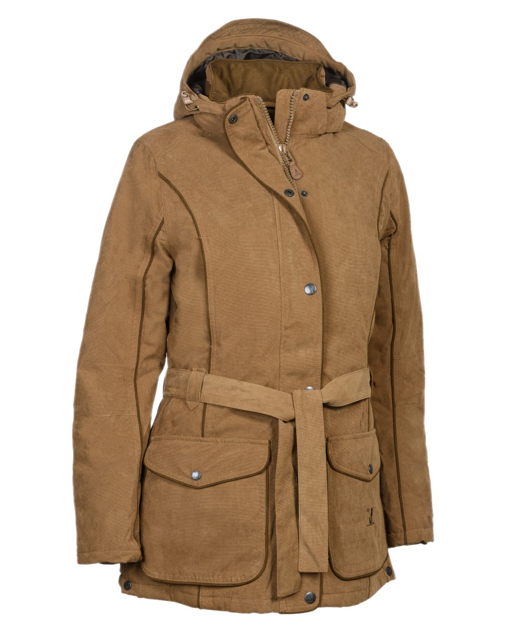 Brown coloured Percussion Womens Rambouillet Original Waterproof Jacket on white background 