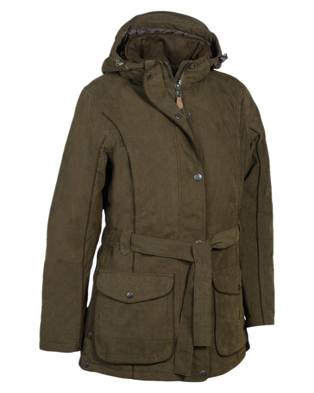 Khaki coloured Percussion Womens Rambouillet Original Waterproof Jacket on white background 