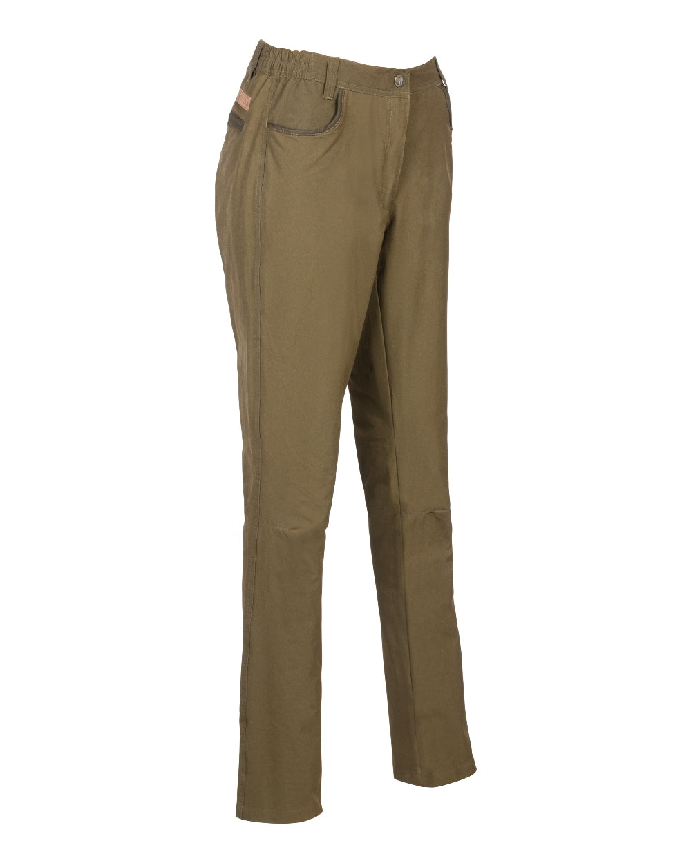 Khaki coloured Percussion Womens Savane Hyperstretch Trousers on white background 