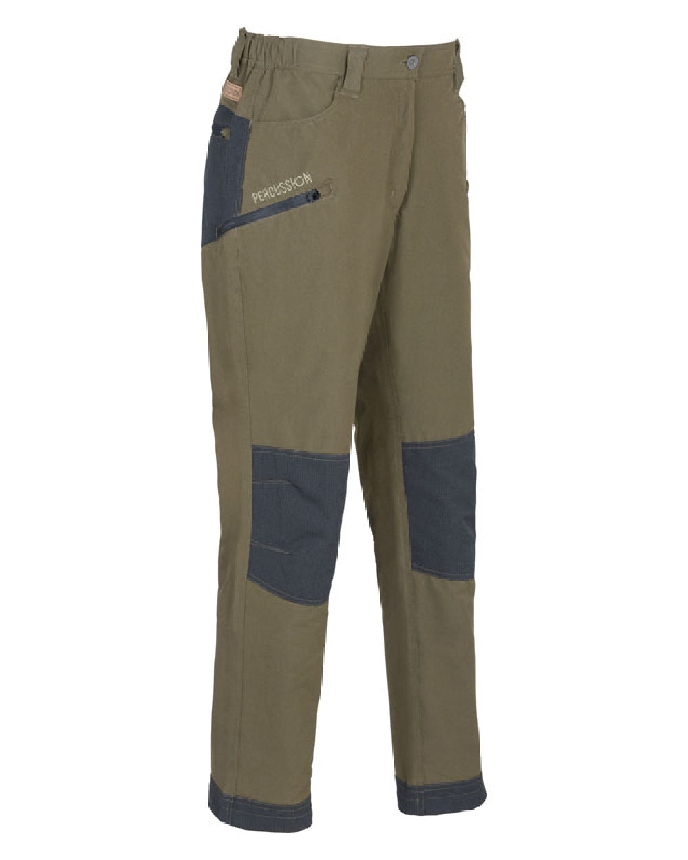 Khaki coloured Percussion Womens Savane Stretch Trousers on white background 