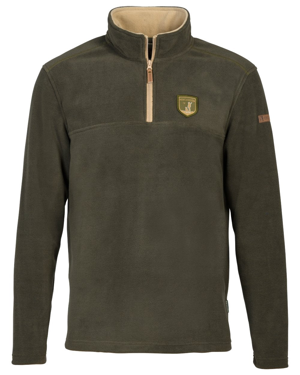 Khaki coloured Percussion Husky Fleece Pullover on white background 