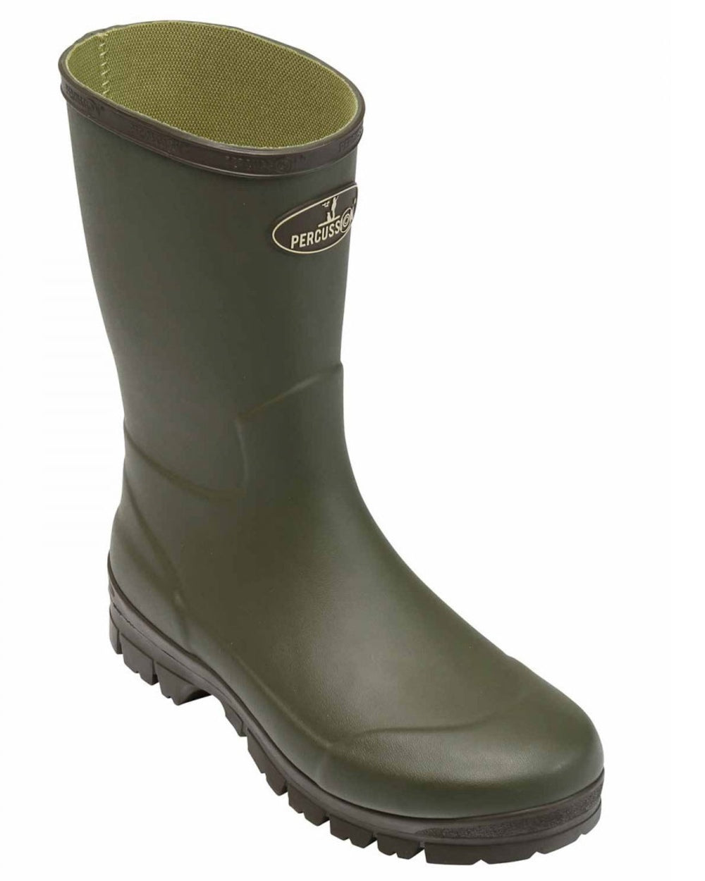 Khaki coloured Percussion Marly Jersey Short Wellington Boots on white background 