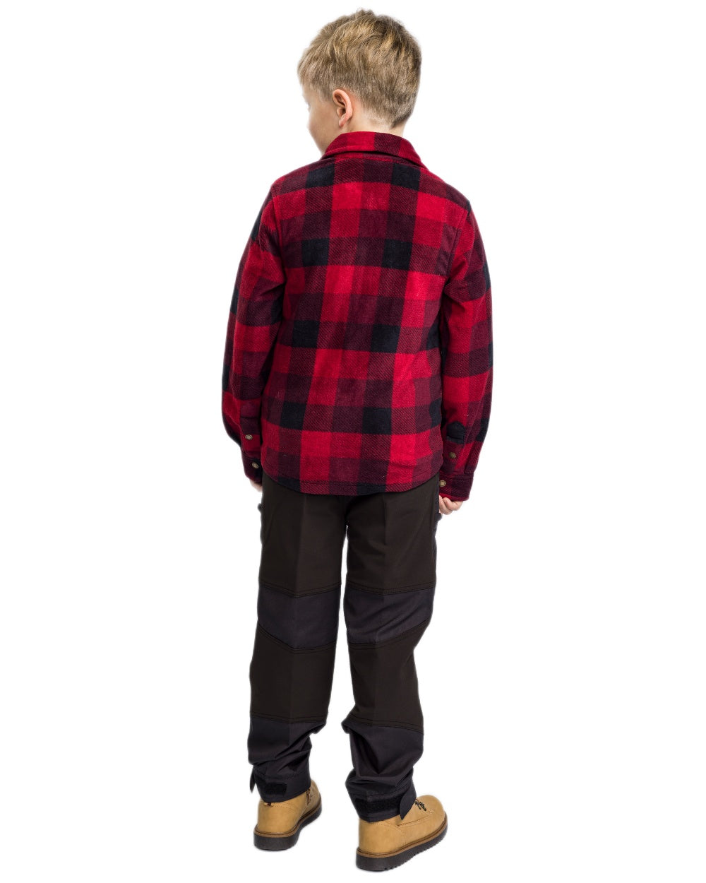 Red Black coloured Pinewood Childrens Canada Fleece Shirt on white background 