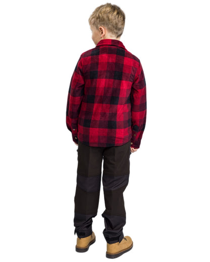 Red Black coloured Pinewood Childrens Canada Fleece Shirt on white background 