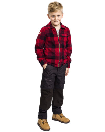 Red Black coloured Pinewood Childrens Canada Fleece Shirt on white background 