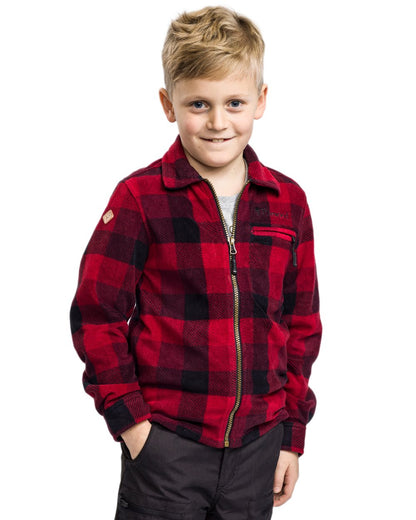 Red Black coloured Pinewood Childrens Canada Fleece Shirt on white background 