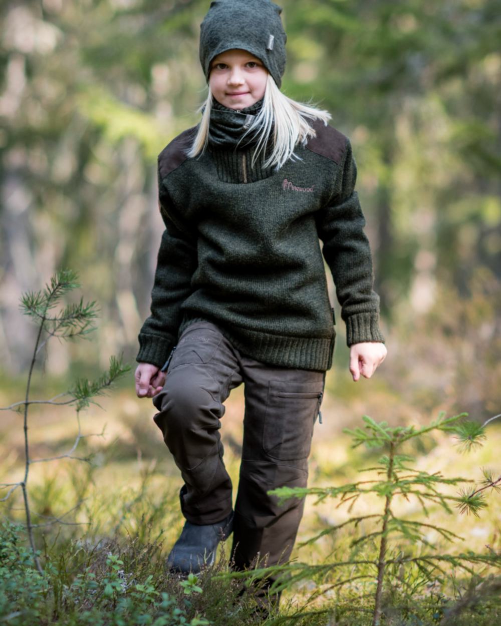 Suede Brown Dark Olive coloured Pinewood Childrens Caribou Hunt Trousers on forest background 