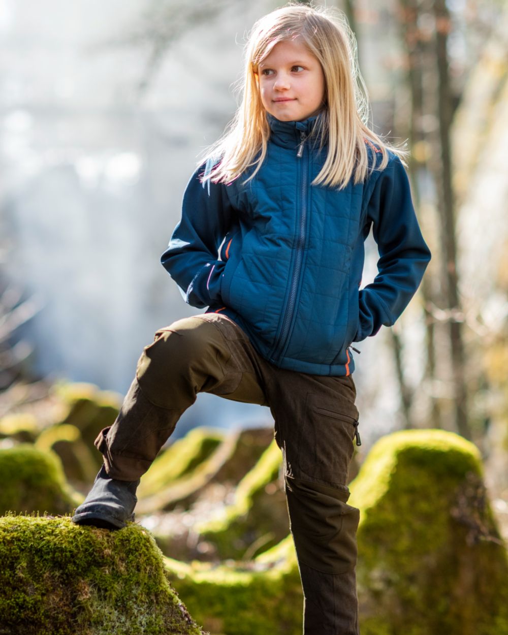 Suede Brown Dark Olive coloured Pinewood Childrens Caribou Hunt Trousers on forest background 