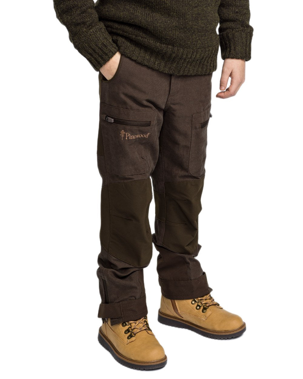 Suede Brown Dark Olive coloured Pinewood Childrens Caribou Hunt Trousers on white background 