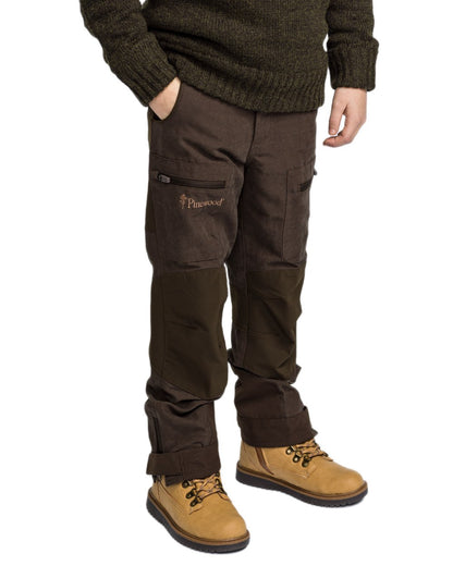 Suede Brown Dark Olive coloured Pinewood Childrens Caribou Hunt Trousers on white background 