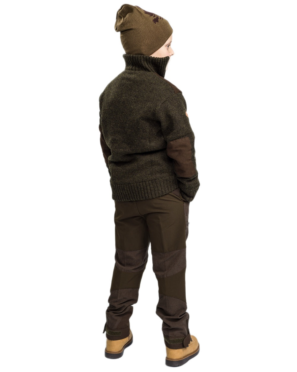 Suede Brown Dark Olive coloured Pinewood Childrens Caribou Hunt Trousers on white background 