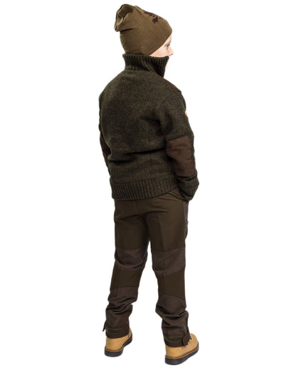 Suede Brown Dark Olive coloured Pinewood Childrens Caribou Hunt Trousers on white background 