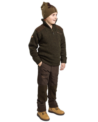 Suede Brown Dark Olive coloured Pinewood Childrens Caribou Hunt Trousers on white background 