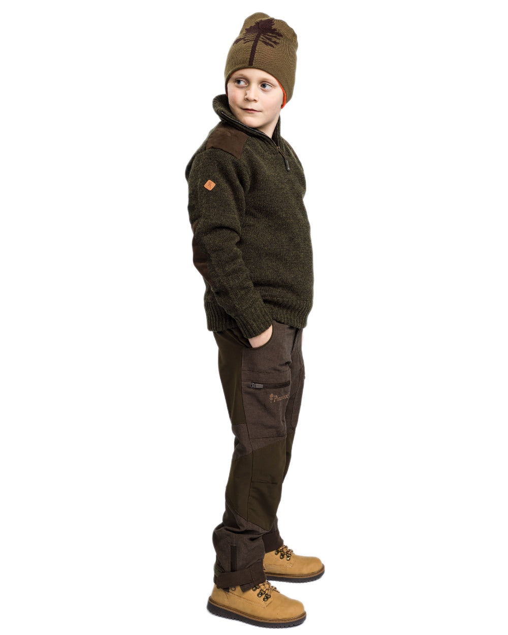 Suede Brown Dark Olive coloured Pinewood Childrens Caribou Hunt Trousers on white background 