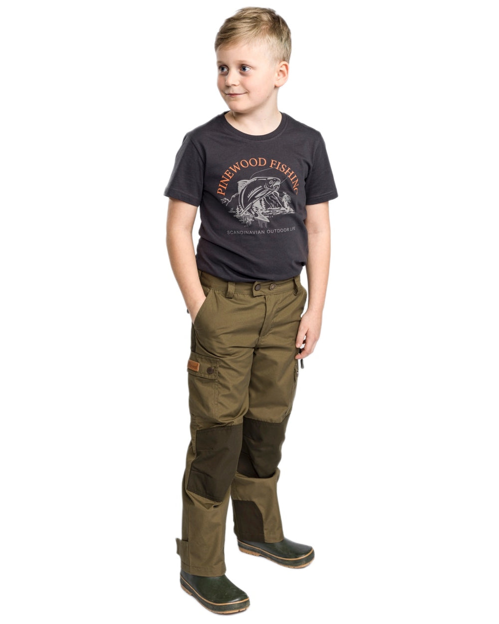 Hunting Olive Mossgreen coloured Pinewood Childrens Lappland Trousers on white background 