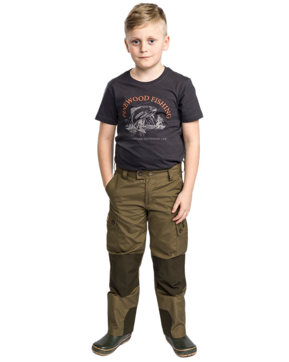 Hunting Olive Mossgreen coloured Pinewood Childrens Lappland Trousers on white background 