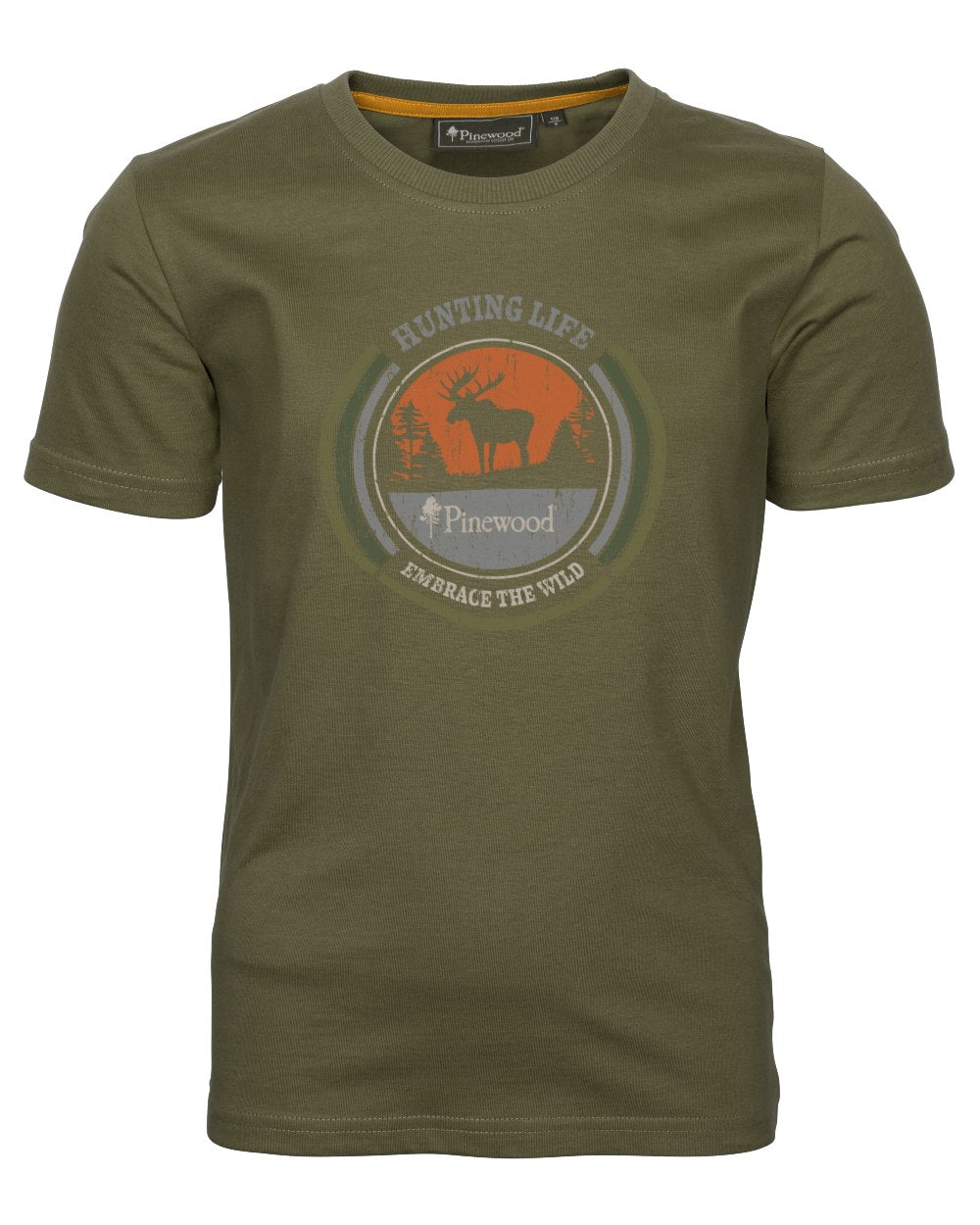 Hunter Olive coloured Pinewood Childrens Moose T-Shirt on white background 