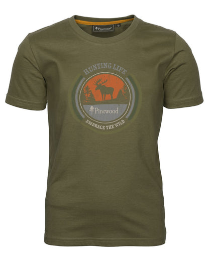 Hunter Olive coloured Pinewood Childrens Moose T-Shirt on white background 
