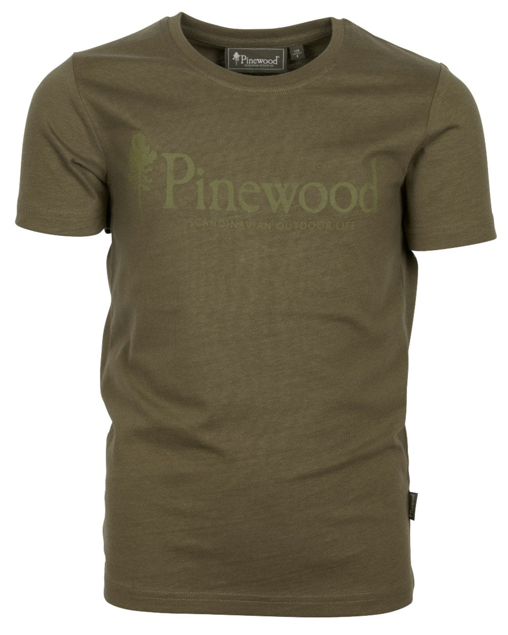Hunter Olive coloured Pinewood Childrens Outdoor Life T-Shirt on white background 