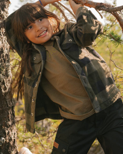 Hunter Olive coloured Pinewood Childrens Outdoor Life T-Shirt on forest background 