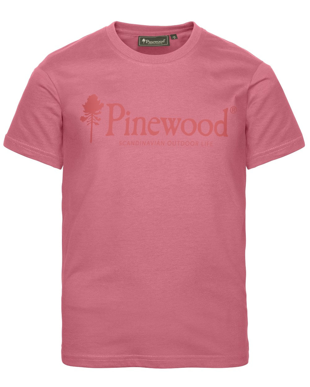 Lantana Pink coloured Pinewood Childrens Outdoor Life T-Shirt on white background 