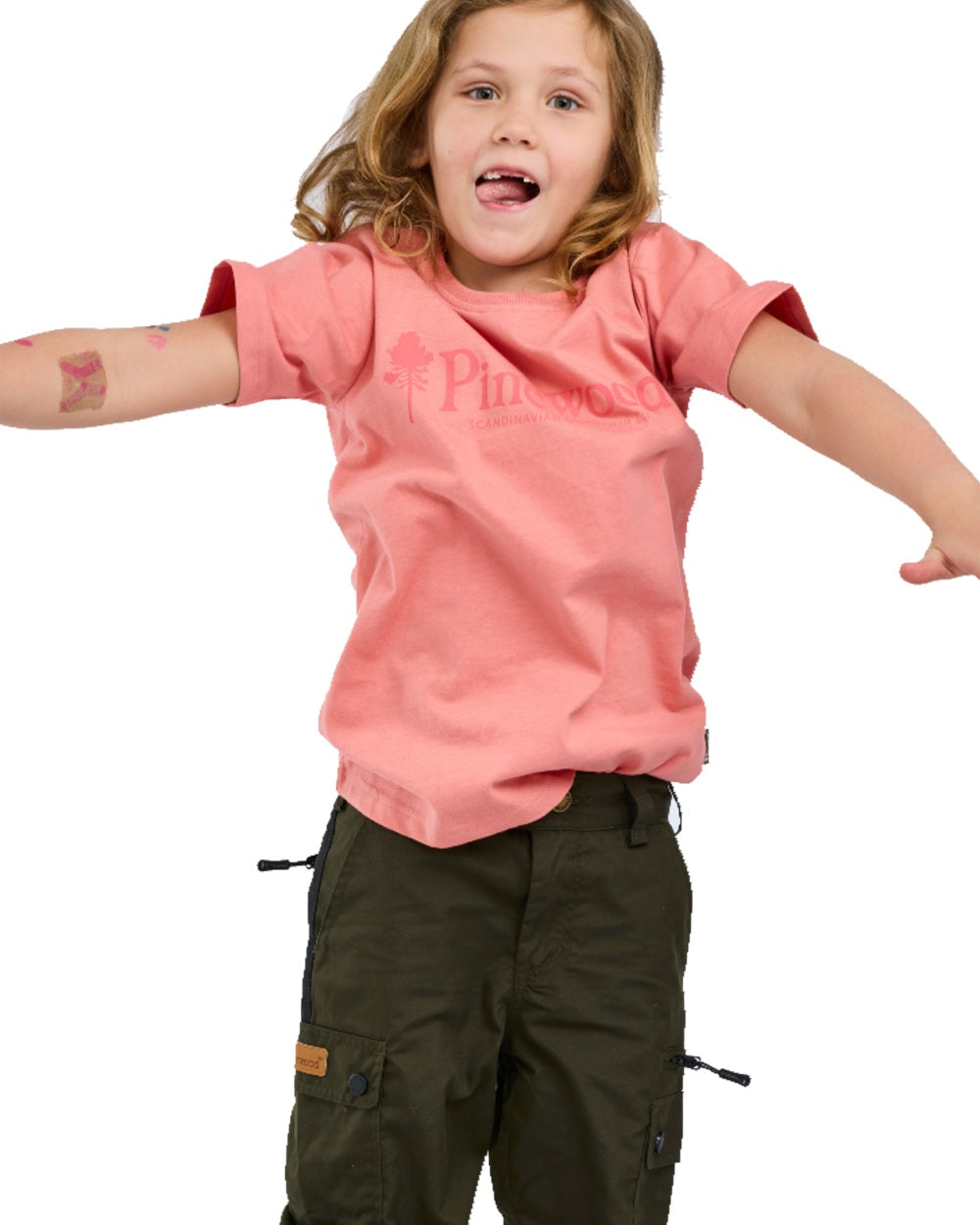 Lantana Pink coloured Pinewood Childrens Outdoor Life T-Shirt on white background 