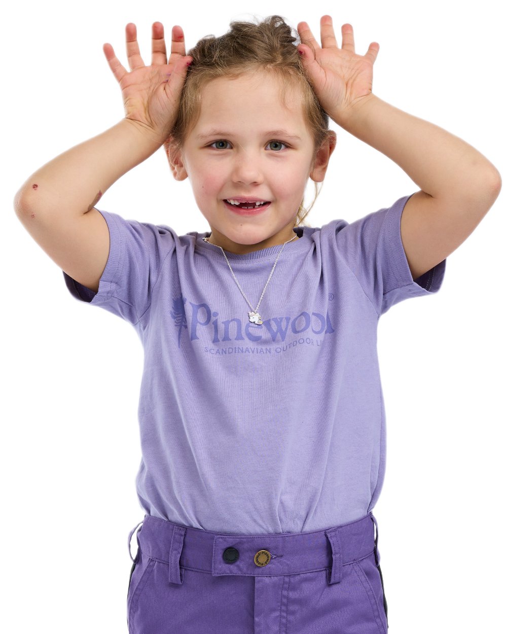 Light Lilac coloured Pinewood Childrens Outdoor Life T-Shirt on white background 