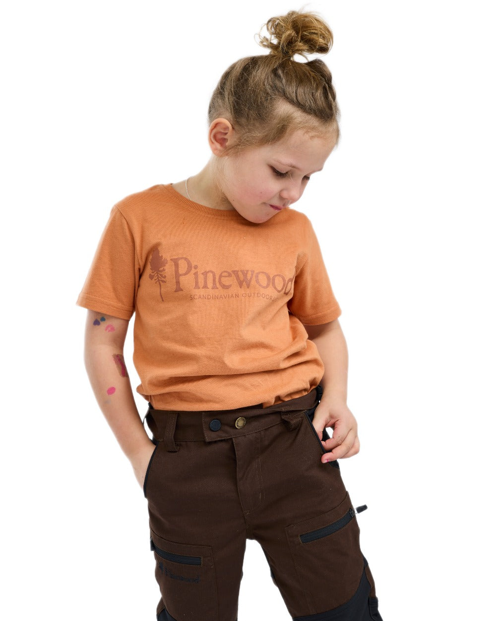 Light Terracotta coloured Pinewood Childrens Outdoor Life T-Shirt on white background 