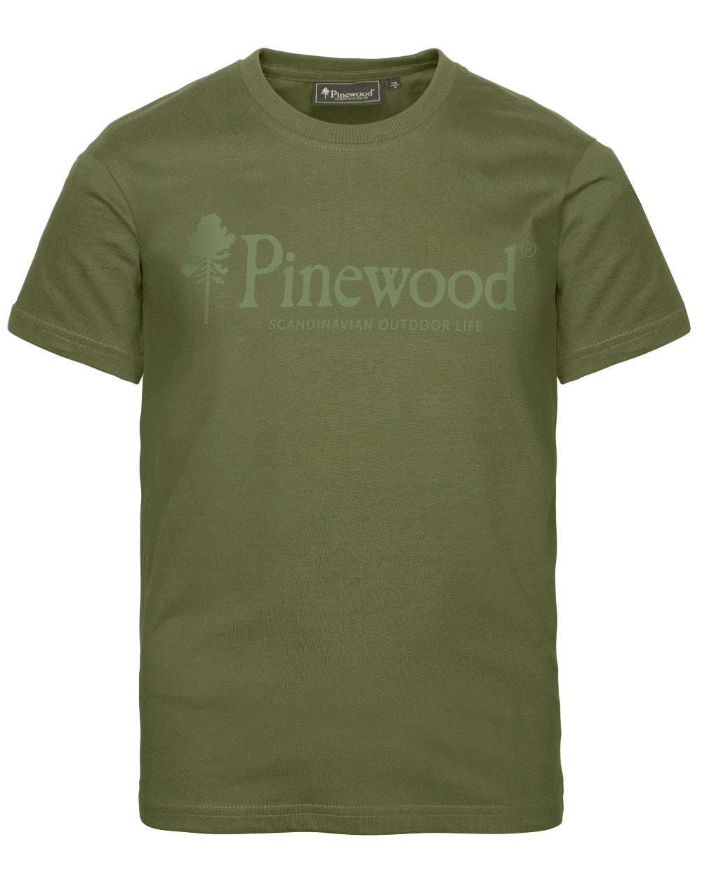 Pine Green coloured Pinewood Childrens Outdoor Life T-Shirt on white background 