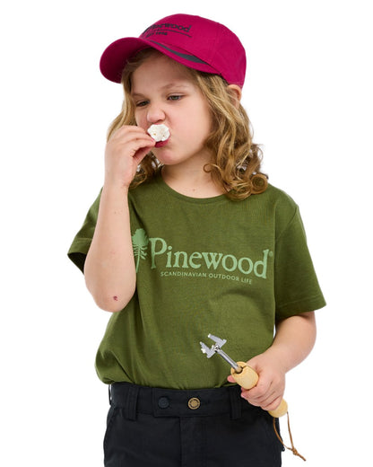 Pine Green coloured Pinewood Childrens Outdoor Life T-Shirt on white background 