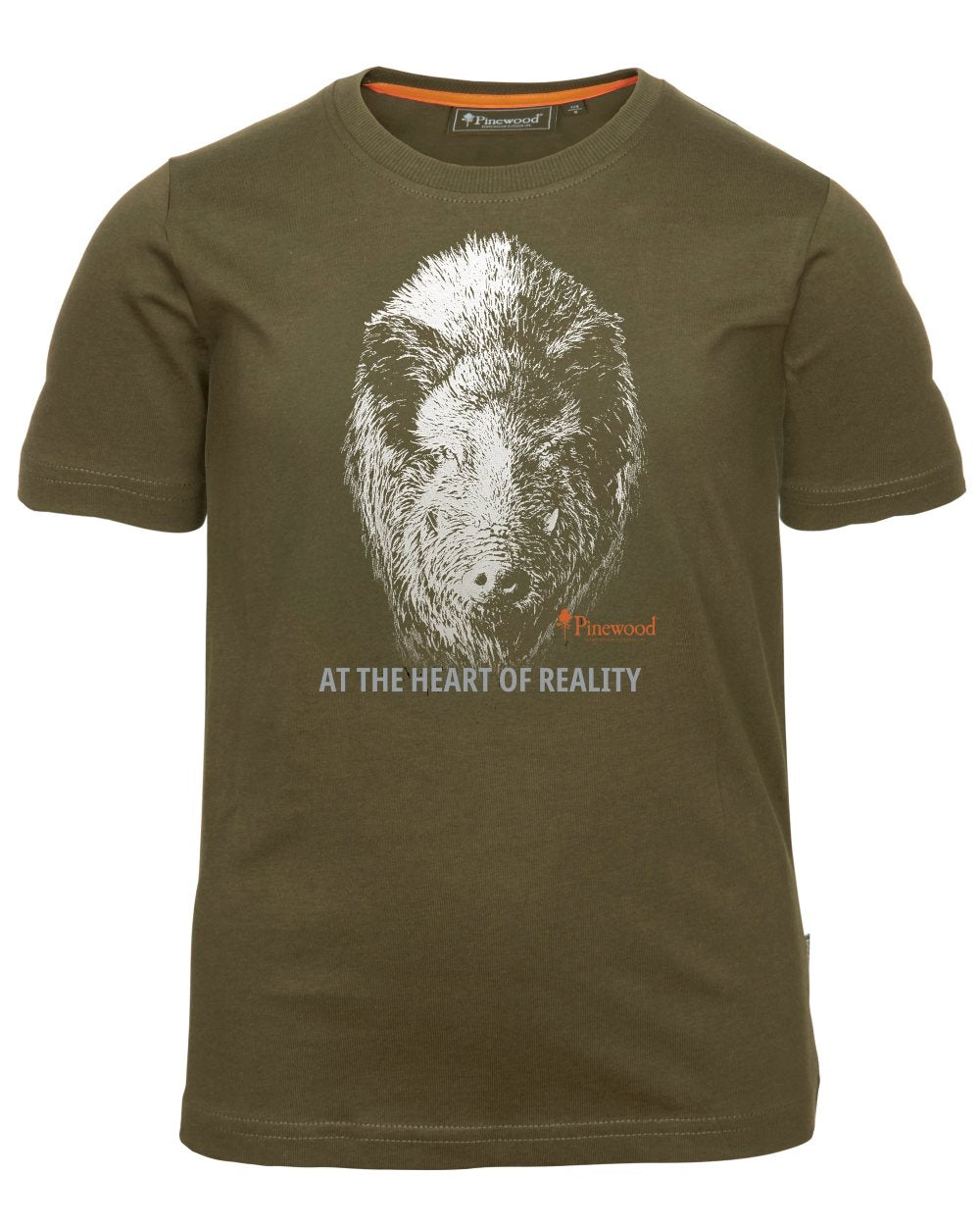 Hunter Olive coloured Pinewood Childrens Wild Boar T-Shirt on white background 