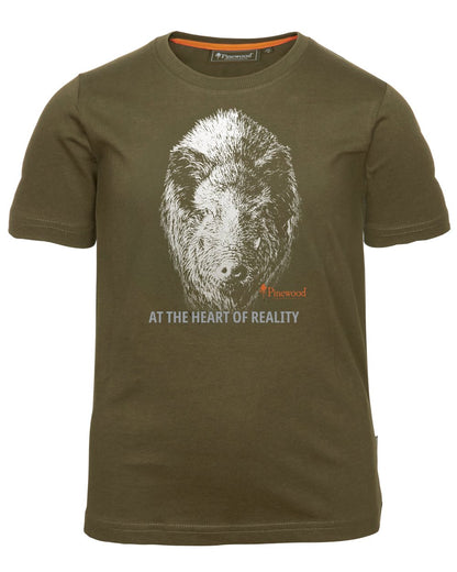 Hunter Olive coloured Pinewood Childrens Wild Boar T-Shirt on white background 