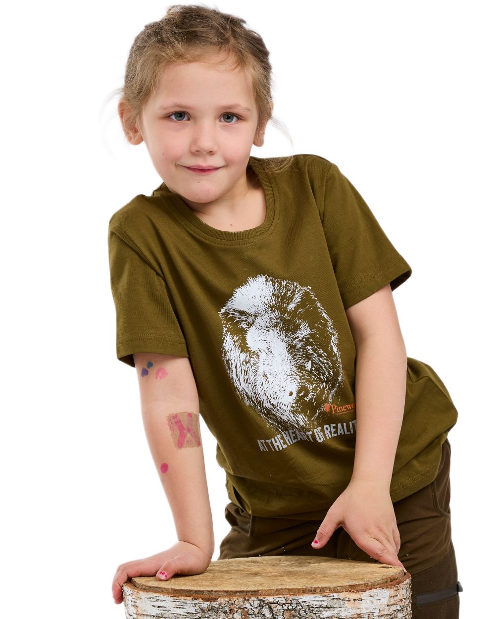 Hunter Olive coloured Pinewood Childrens Wild Boar T-Shirt on white background 