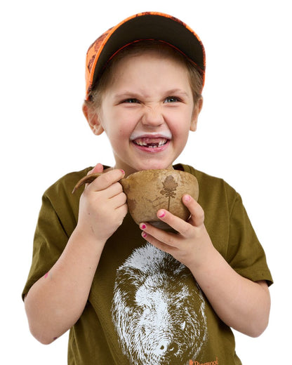 Hunter Olive coloured Pinewood Childrens Wild Boar T-Shirt on white background 