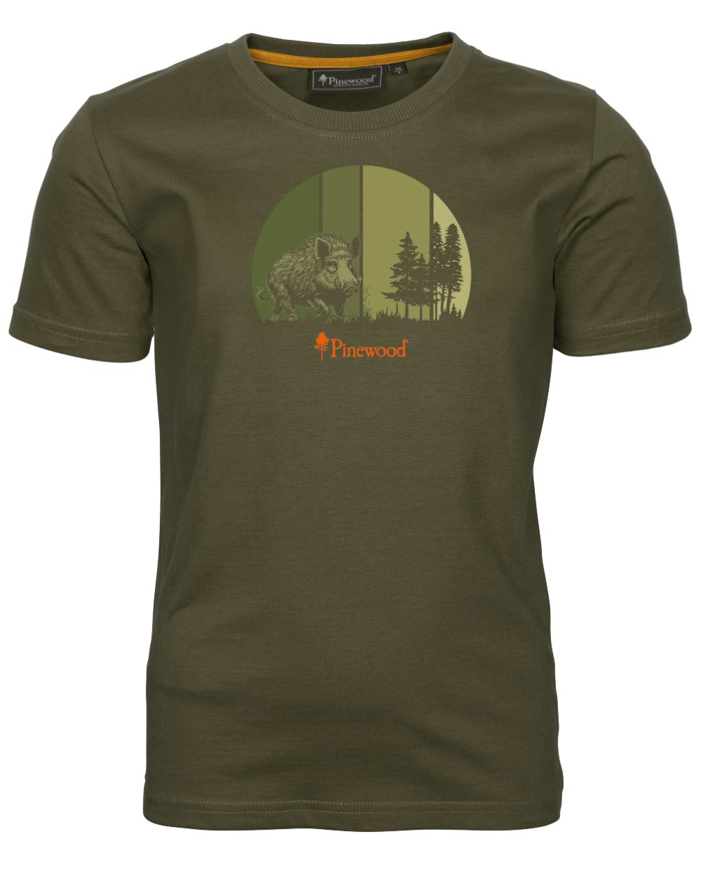 Olive coloured Pinewood Childrens Wild Boar T-Shirt on white background 