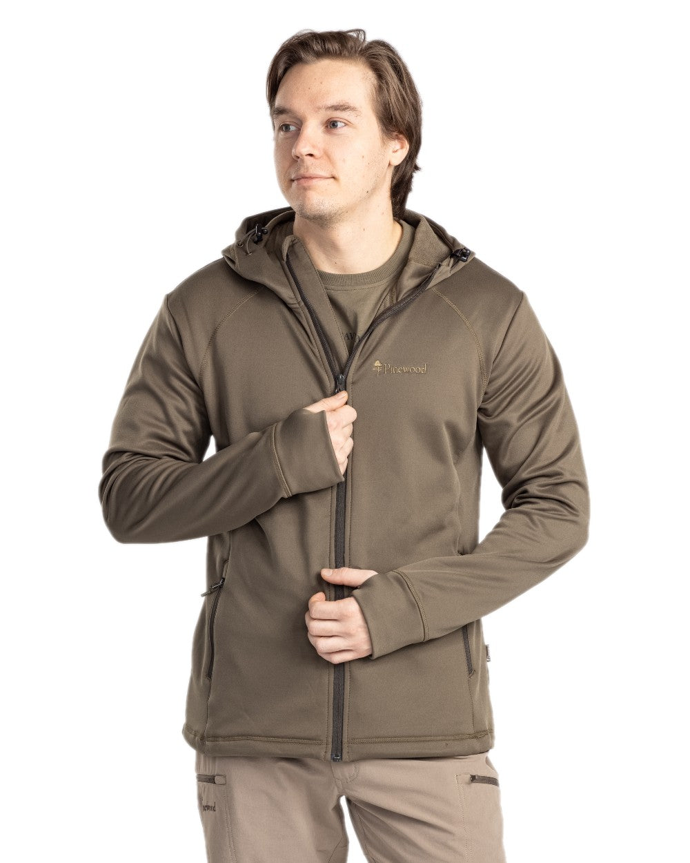 Olive Coloured Pinewood Finnveden Hoodie on white background 