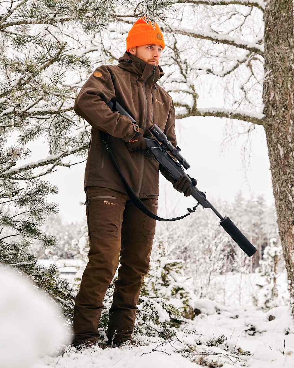 Moss Green Black Coloured Pinewood Hunters Neoprene Gloves on snow background 