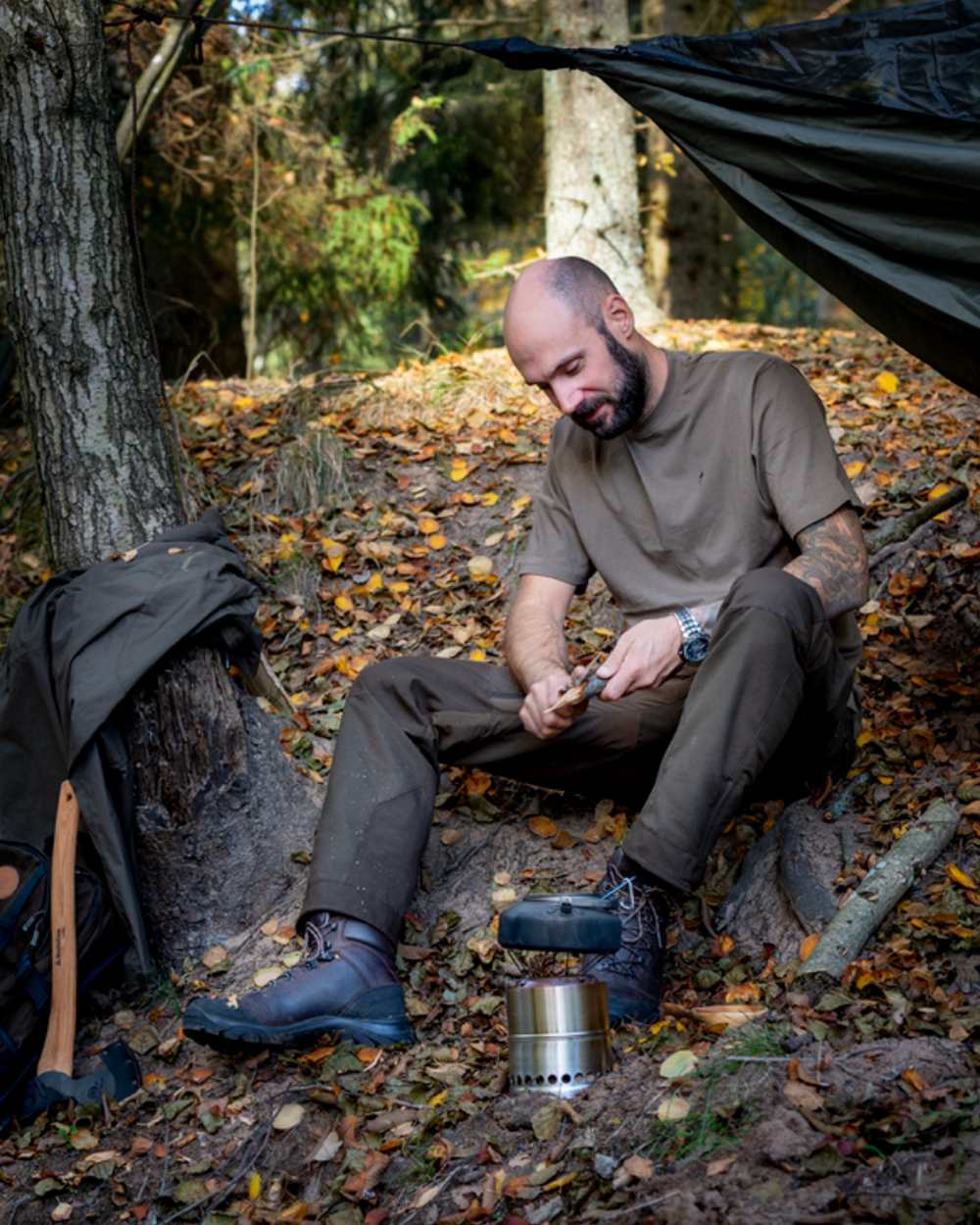 Green Hunting Brown Khaki Coloured Pinewood Mens 3-Pack T-Shirt on forest background 
