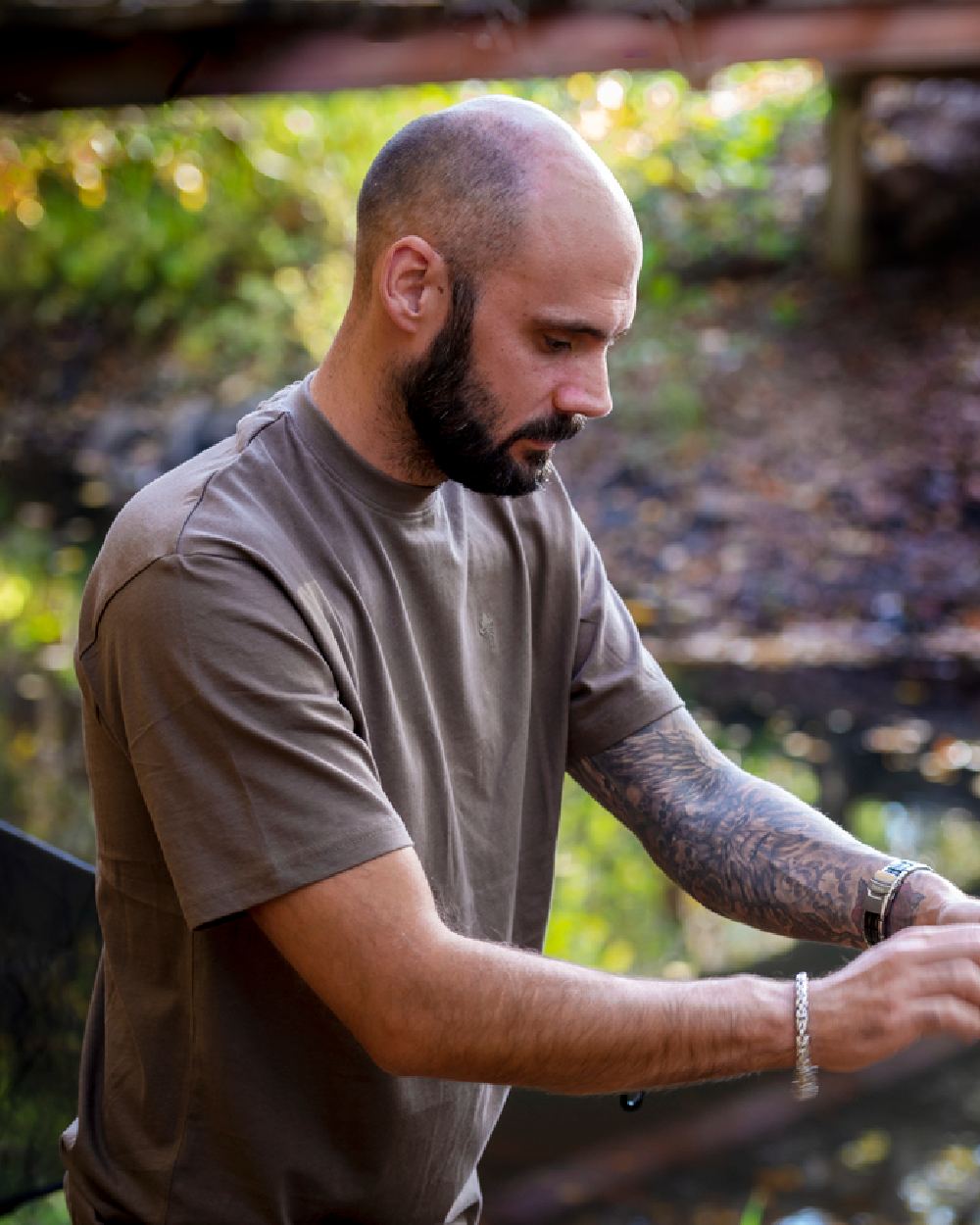 Green Hunting Brown Khaki Coloured Pinewood Mens 3-Pack T-Shirt on forest background 